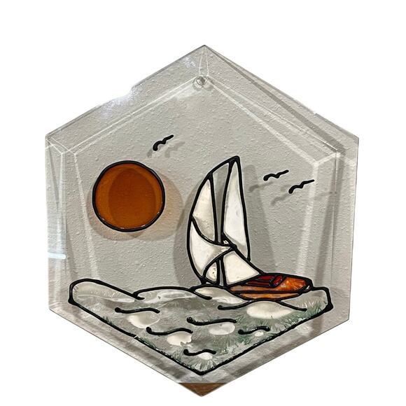 Vtg Stained Glass Sailboat Suncatcher Panel Ocean Scene Hexagon Nautical Decor - Picture 1 of 5